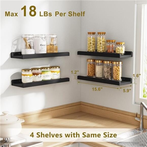 Black Floating Shelves for Wall Set of 4, Wood Wall Shelves with Lip,15.6 Inch - Picture 3 of 7